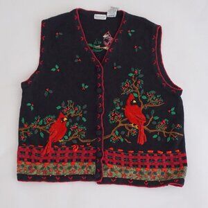 Vintage White Stag Black Cardinal Embroidered Sweater Vest Cabincore Cottage 16W